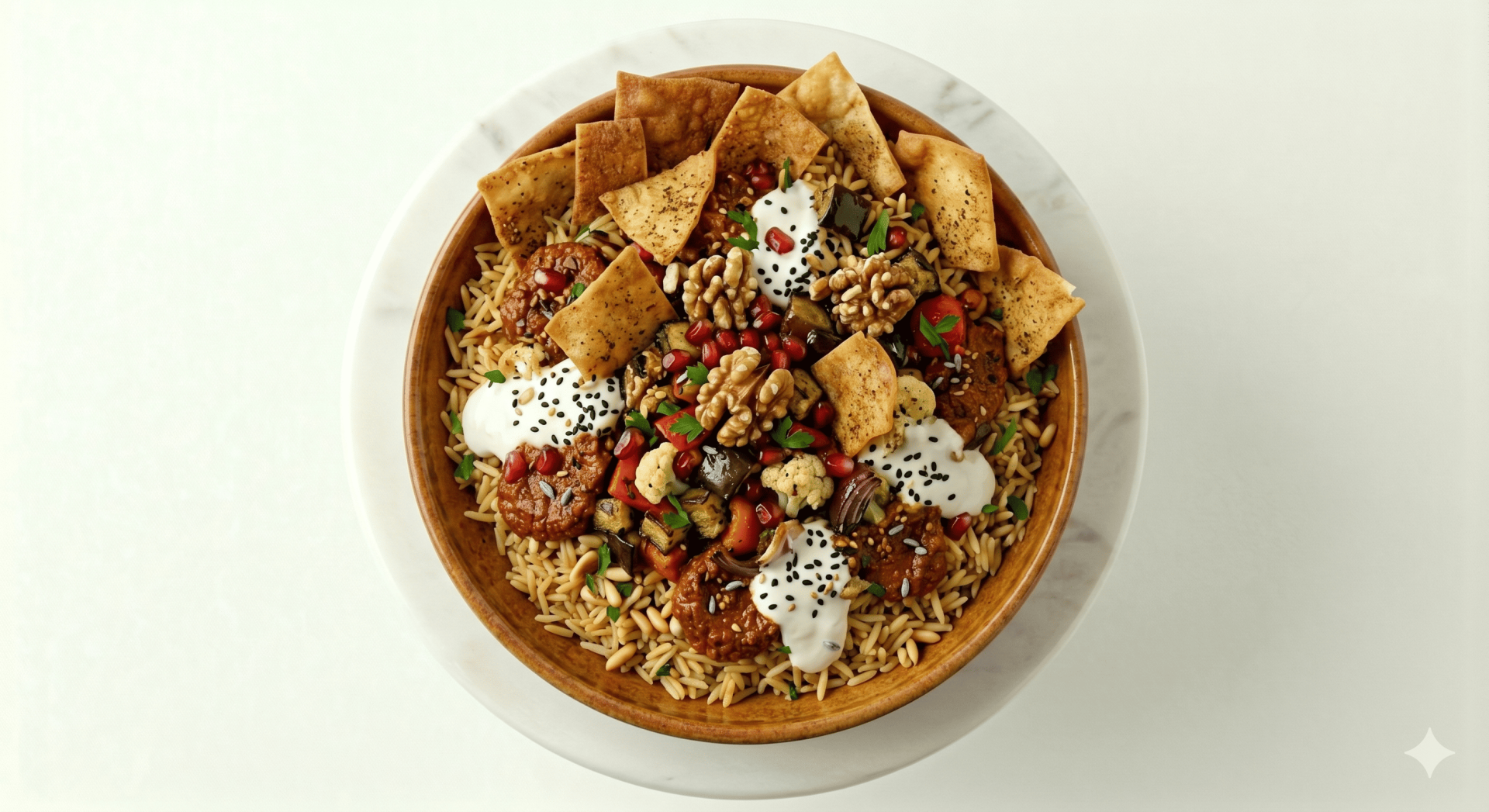 Muhammara roasted vegetable fatteh with crispy pita