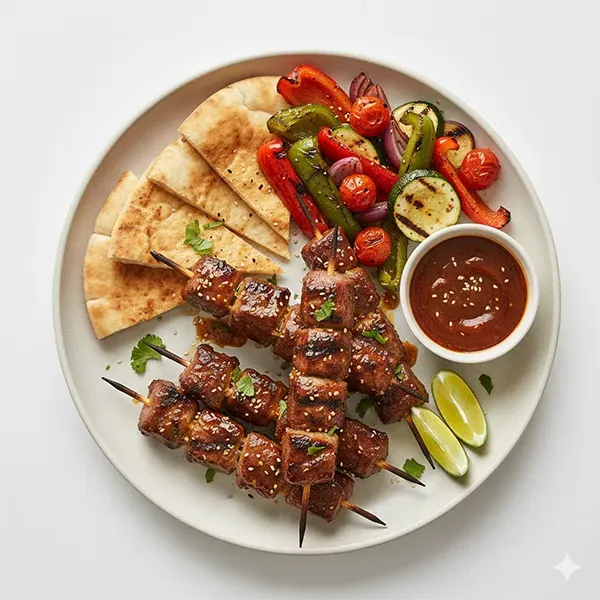 Grilled Omani Mishkak with Tangy Date-Tamarind Glaze & Toasted Pita