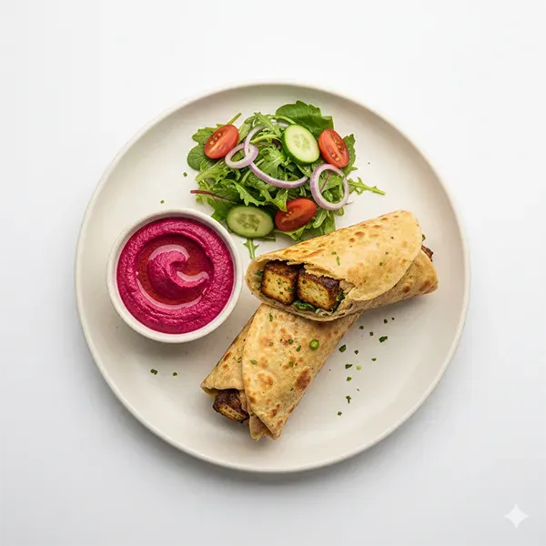 Spicy Cottage Cheese Kebab Roll with Beetroot Hummus & House Salad