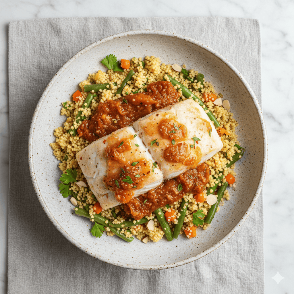 Glazed fish with spiced apricot sauce and carrot green bean cous cous