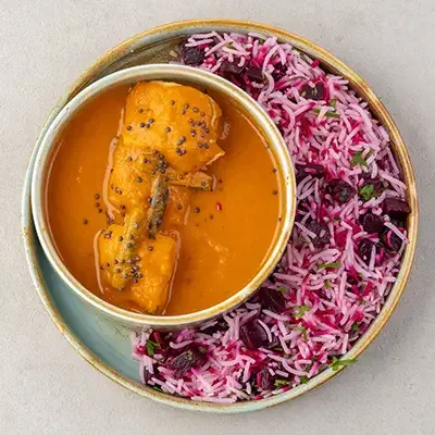 Goan Fish Curry with Beetroot Rice