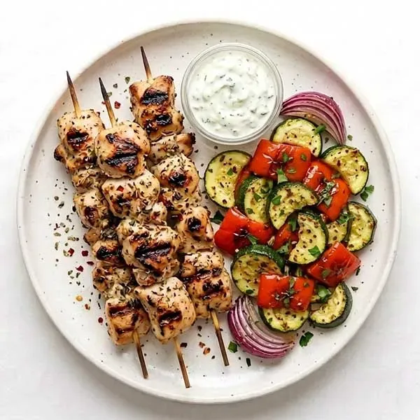 Greek Chicken Skewers with Feta Crusted Vegetable