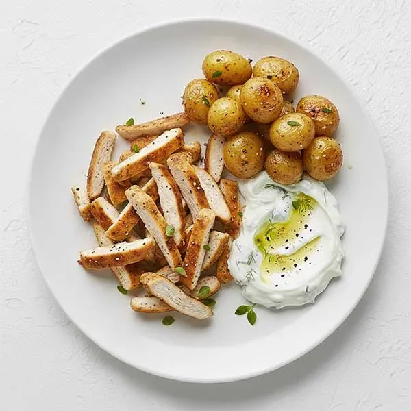 Greek Chicken Steak With Garlic Roasted Baby Potatoes and tzatziki Sauce