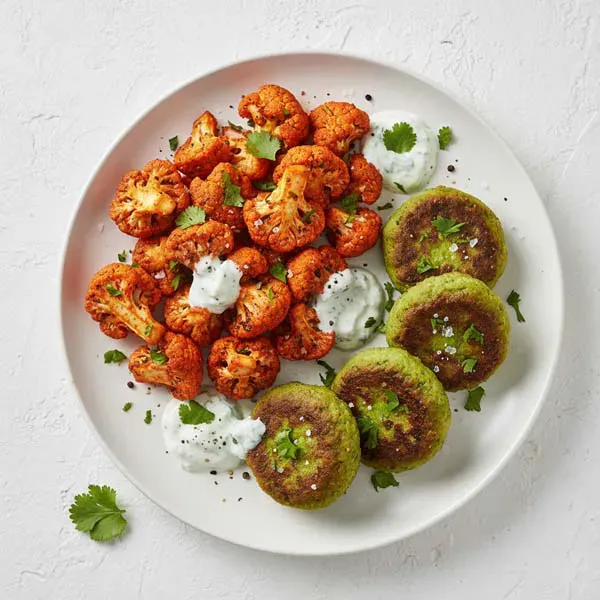 Green Paneer Tawa kebab with red tikka cauliflower florets