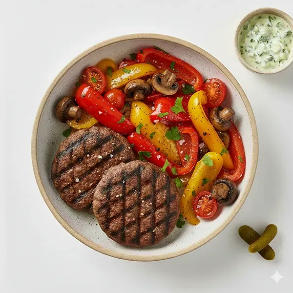 Grilled angus beef burger bowl with gherkin burger sauce