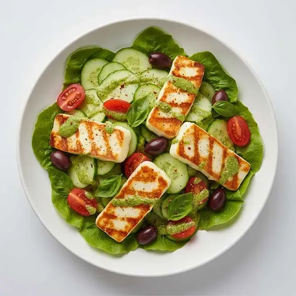 Grilled Halloumi/ Spicy Kalamata & Basil Cucumber Salad With Cilantro Dressing
