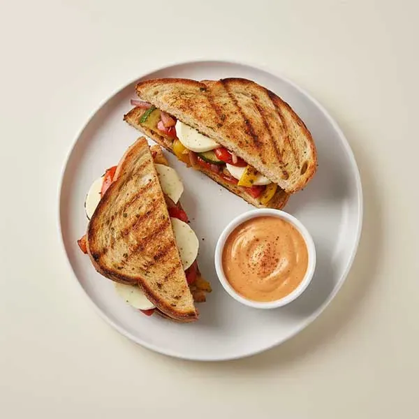 Grilled Peri Peri Vegetables & Mozzarella Sour Dough Sandwich With Cayenne Pepper Dip