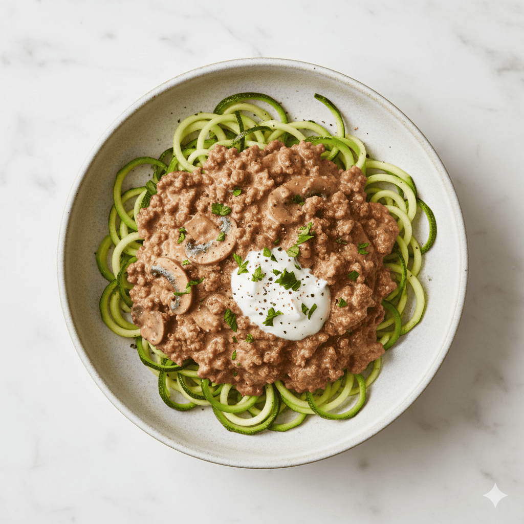 Ground Beef Stroganoff over Zucchini Noodles