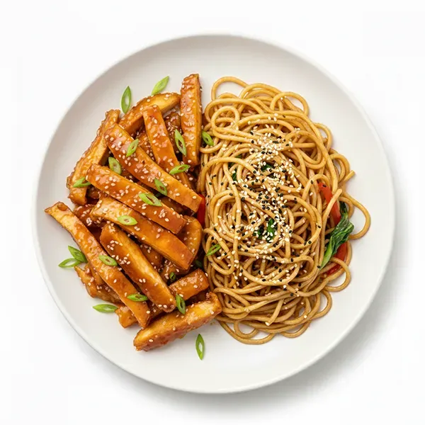 Honk Kong style caramelized chicken with sesame infused noodles