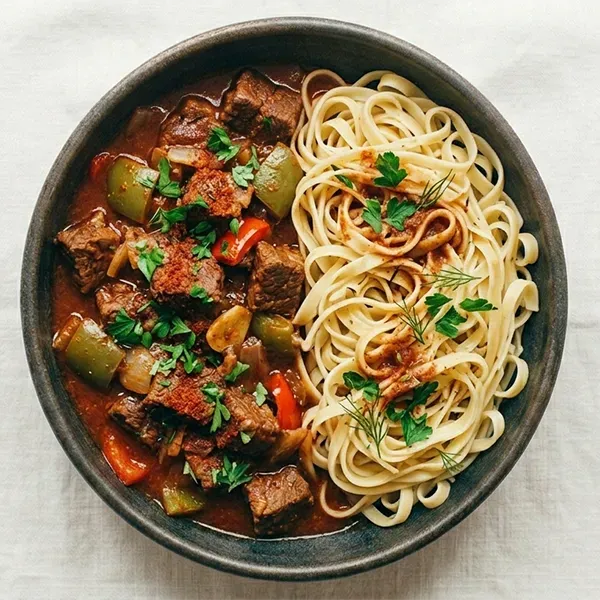 Hungarian goulash beef with fettuccini noodle