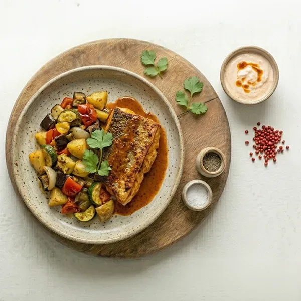 Hungarian paprika fish with roasted vegetable briami