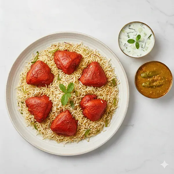 Hyderabadi Zafrani Pulao with Talahua Murgh & Mirchi Ka Salan