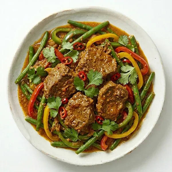 Indonesian beef kalio with Beans and Pepper Medley