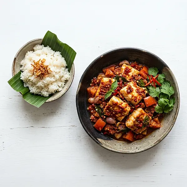 Indonesian fish sambal rampai with sticky rice