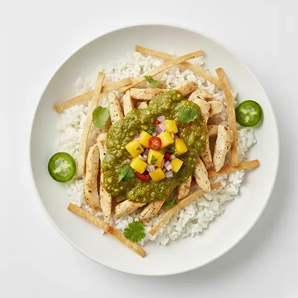 Shredded Jalapeno chicken with rice and crunchy tortilla