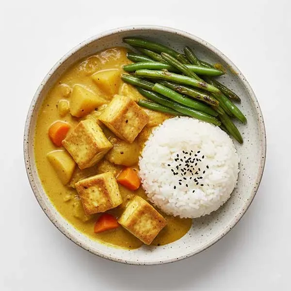 Japanese Golden Tofu & Vegetable Curry with Stir fried Green Beans and Sticky rice