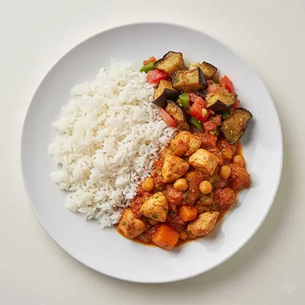 Jordanian Chicken Stew with Roasted eggplant salad and plain long gain rice
