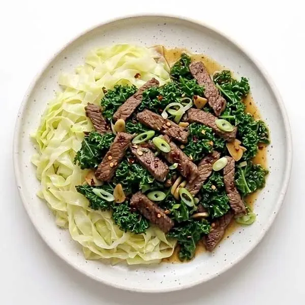 Keto Beef and Kale   With  Steamed Cabbage Ribbons