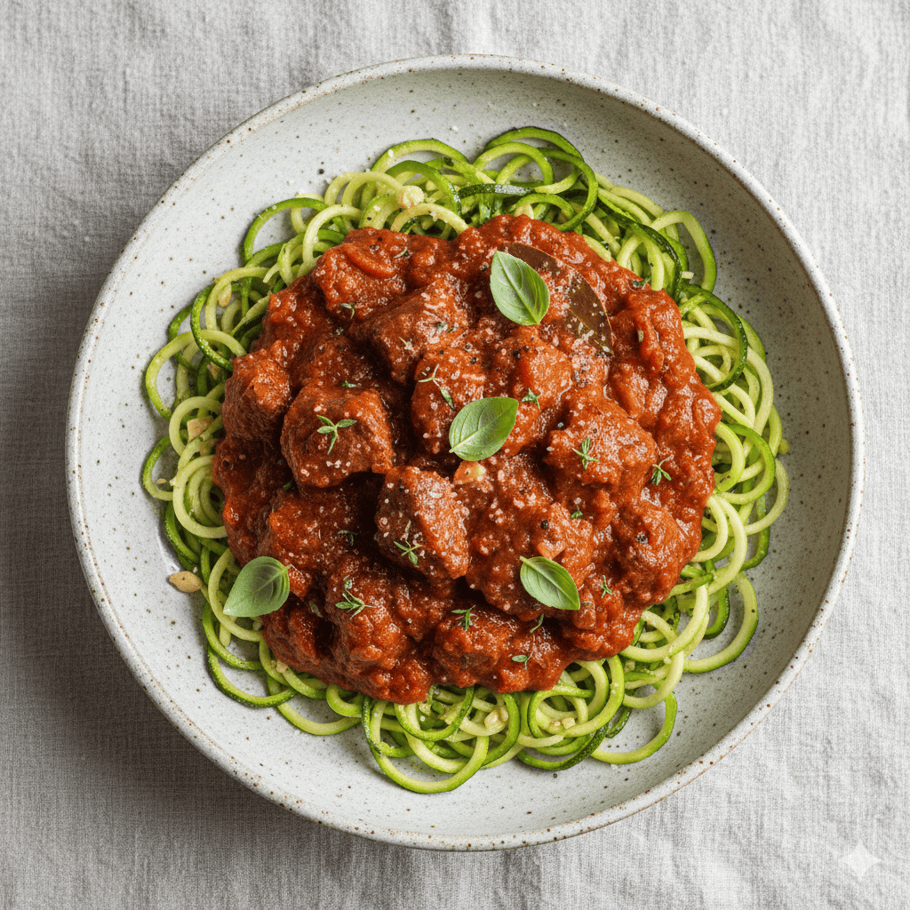 Keto-Friendly Beef Ragù with Garlic and Basil Zoodles