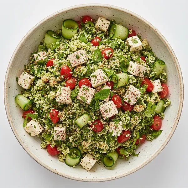 Keto Medieval Tabbouleh Salad with Parsley Cauliflower, Cucumber, Minted Cheese & Sumac Lime Dressing