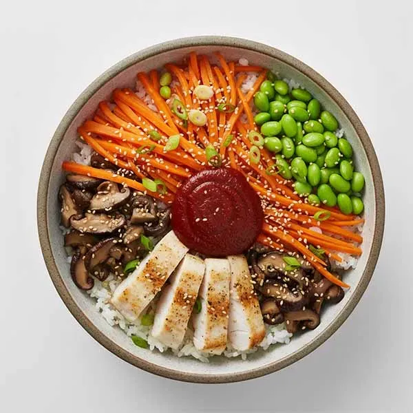 Korean Fish  Bibimbap Rice Bowl With Sauteed Carrot, Mushroom & Edamame