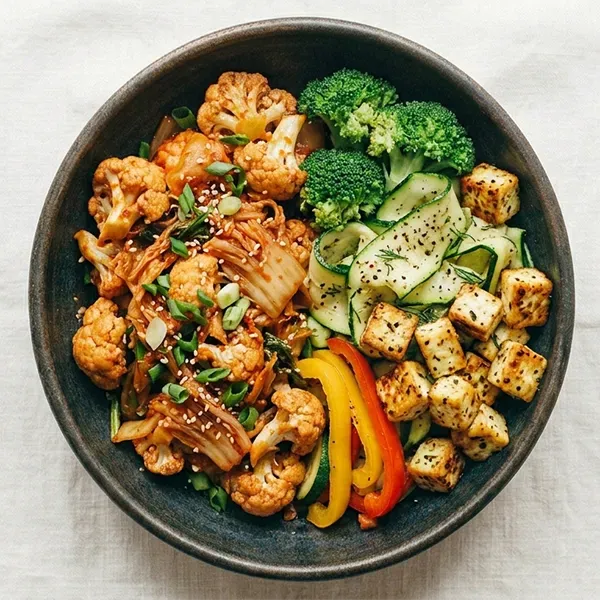 Korean kimchi cauliflower stir-fry with streamed vegetable