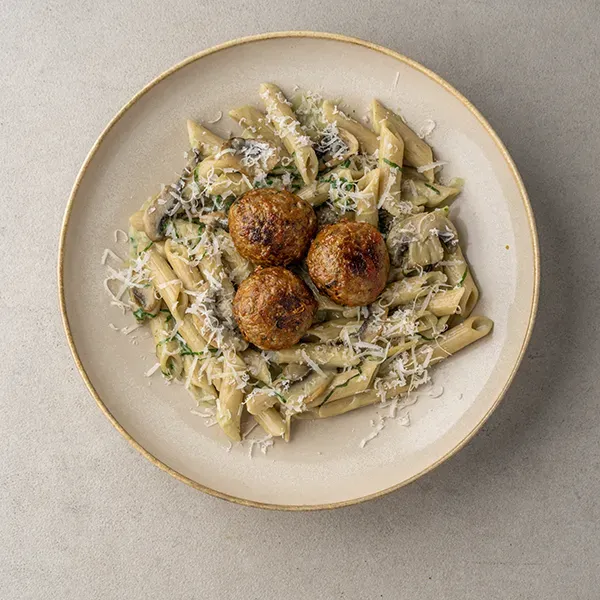 Lean red beef meat balls with basil alfredo whole wheat pasta
