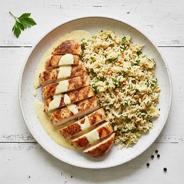 Lemon Tahini Chicken with pine nut pilaf