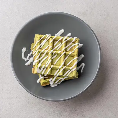 Macha Waffle With Rich Vanilla Sauce