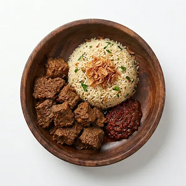 Malaysian beef gulai  with basil garlic rice