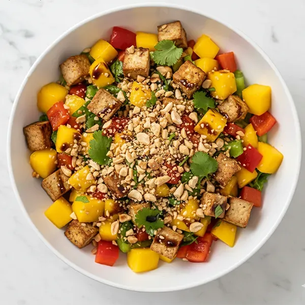 Mango, Red Bell Pepper & Crushed Peanut Tofu Salad with Tamari Soy Dressing