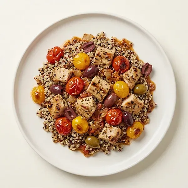 Mediterranean Chicken Bake Casserole with Tomatoes, Olives, and Mixed Quinoa