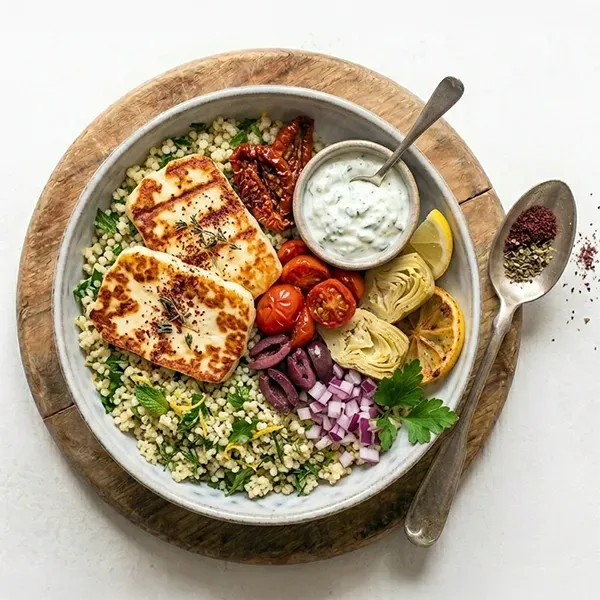 Mediterranean halloumi & herb couscous bowl