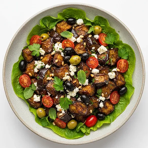 Mediterranean Roasted Eggplant Salad with Zaatar Feta and Nuts