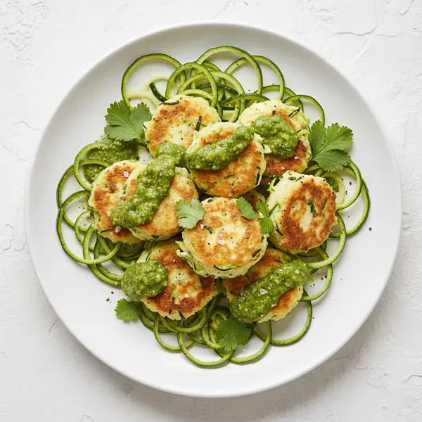 Mexican Mix Vegetable bites with zucchini Spirals and Peruvian sofrito sauce
