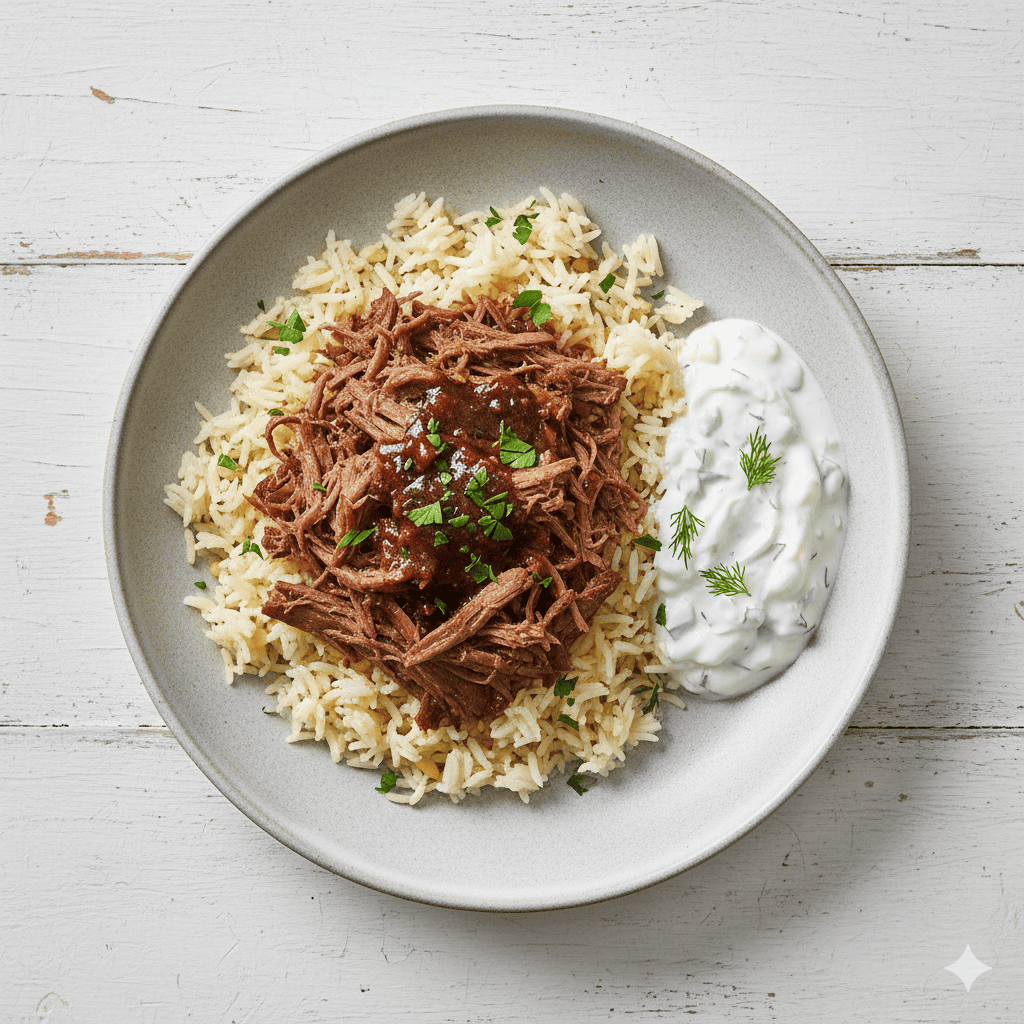 Middle eastern beef haneeth With Tzatziki Sauce