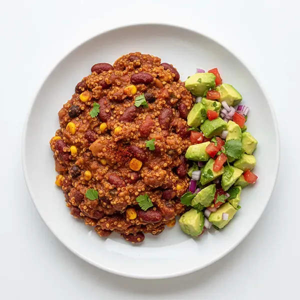 Mixed Bean Chili con Quinoa with avocado salsa