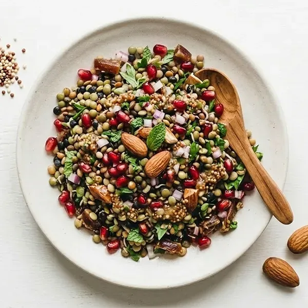 Mixed Sprouted Lentil, Pomegranate Salad  with mustard and date dressing