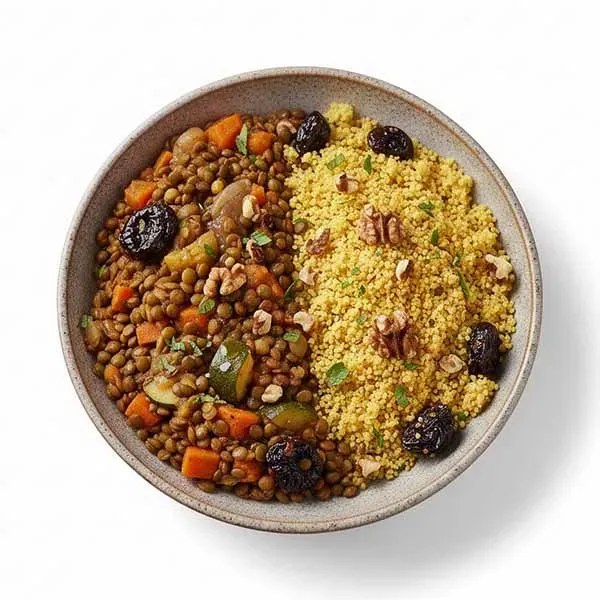 Moroccan Lentil Vegetable Stew with Walnut Prunes Couscous(V)