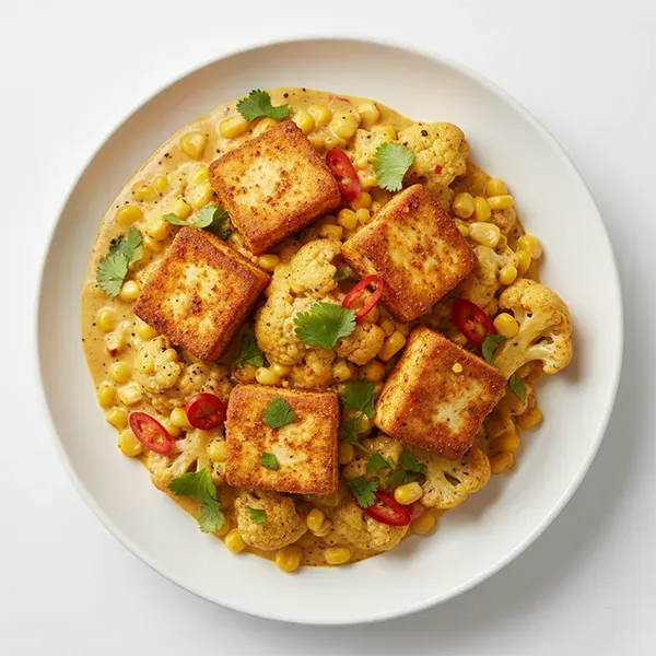 Mozambican Style Spicy tofu with creamy corn and cauliflower