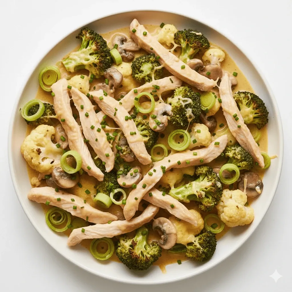 Mushroom & leek chicken with cheesy baked florets
