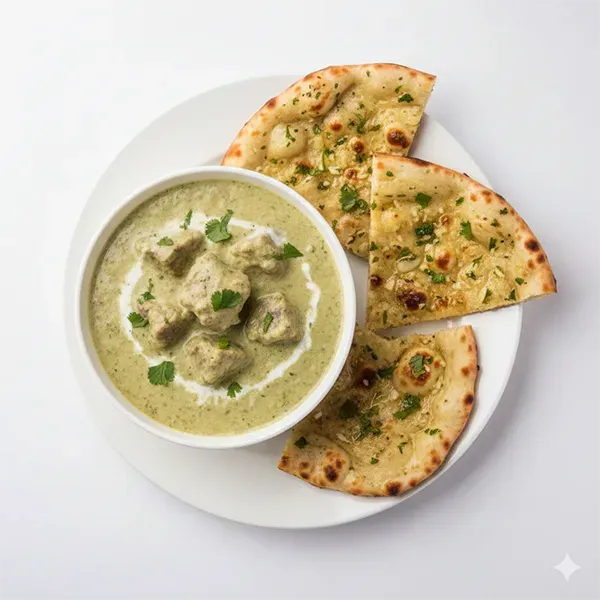 Mutton dahi dhaniya koorma with garlic naan