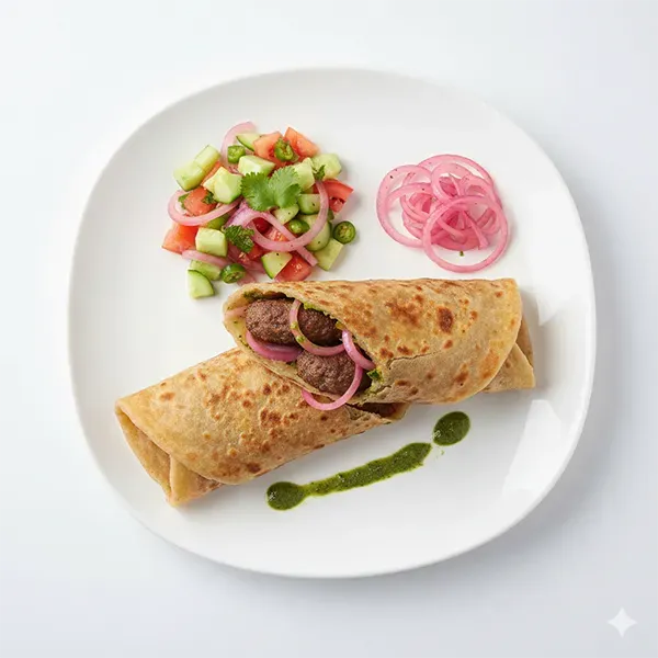 Mutton shami kebab paratha roll with pickled onion kachumber salad on the side