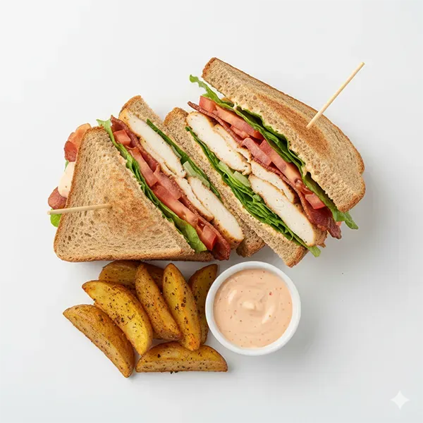 New york style chicken club sandwich with spiced roast potato & cocktail sauce