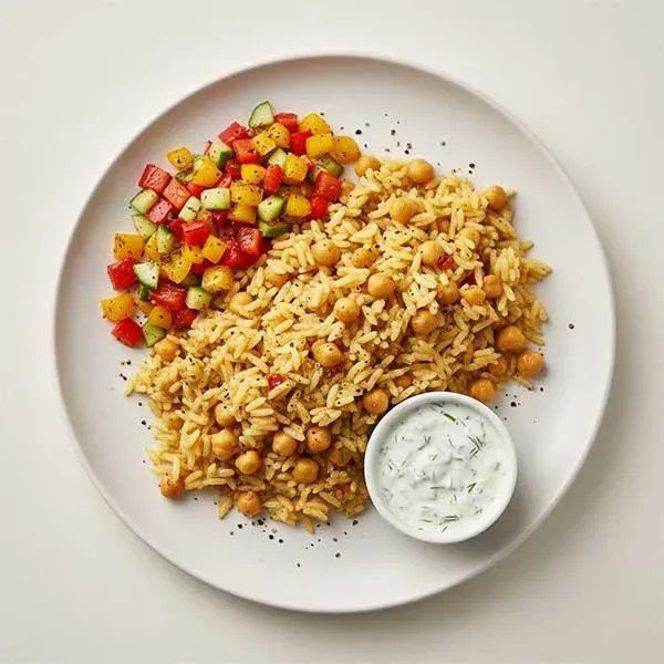 Nohutlu Pilav with Roasted Pepper salad and Dill Yogurt sauce