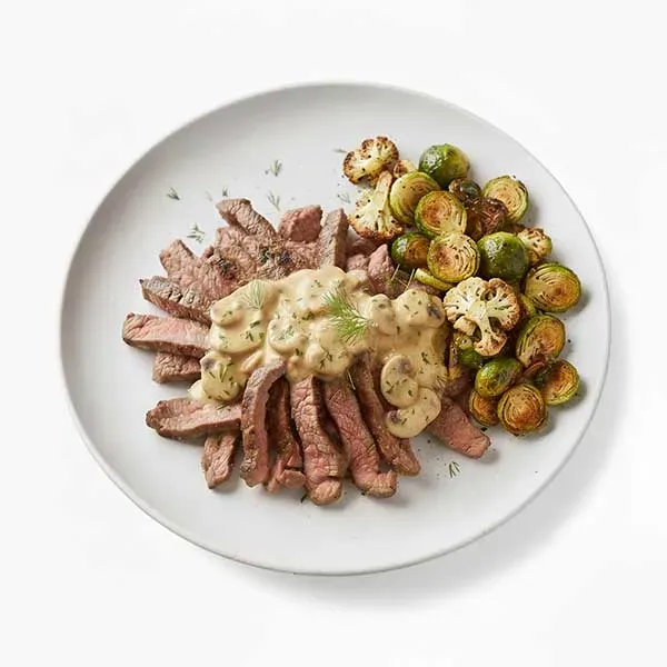 Norwegian Beef Medallions with Griddled Brussels, Cauliflower and Creamy mixed mushroom sauce