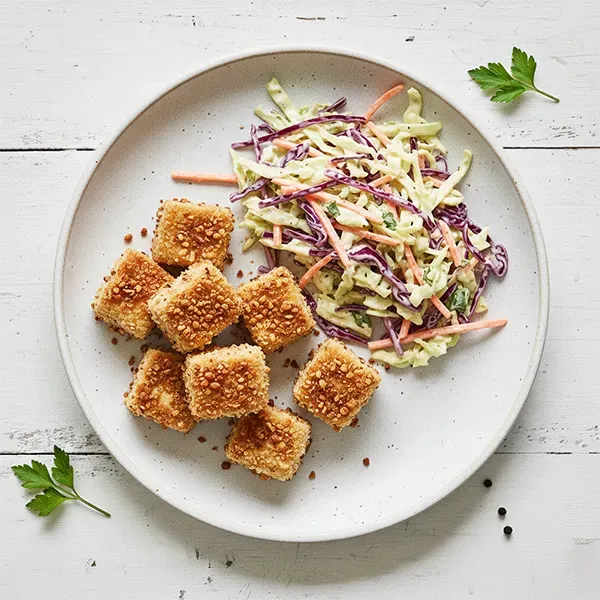 Nut-Crusted Tofu Schnitzel with ranch coleslaw