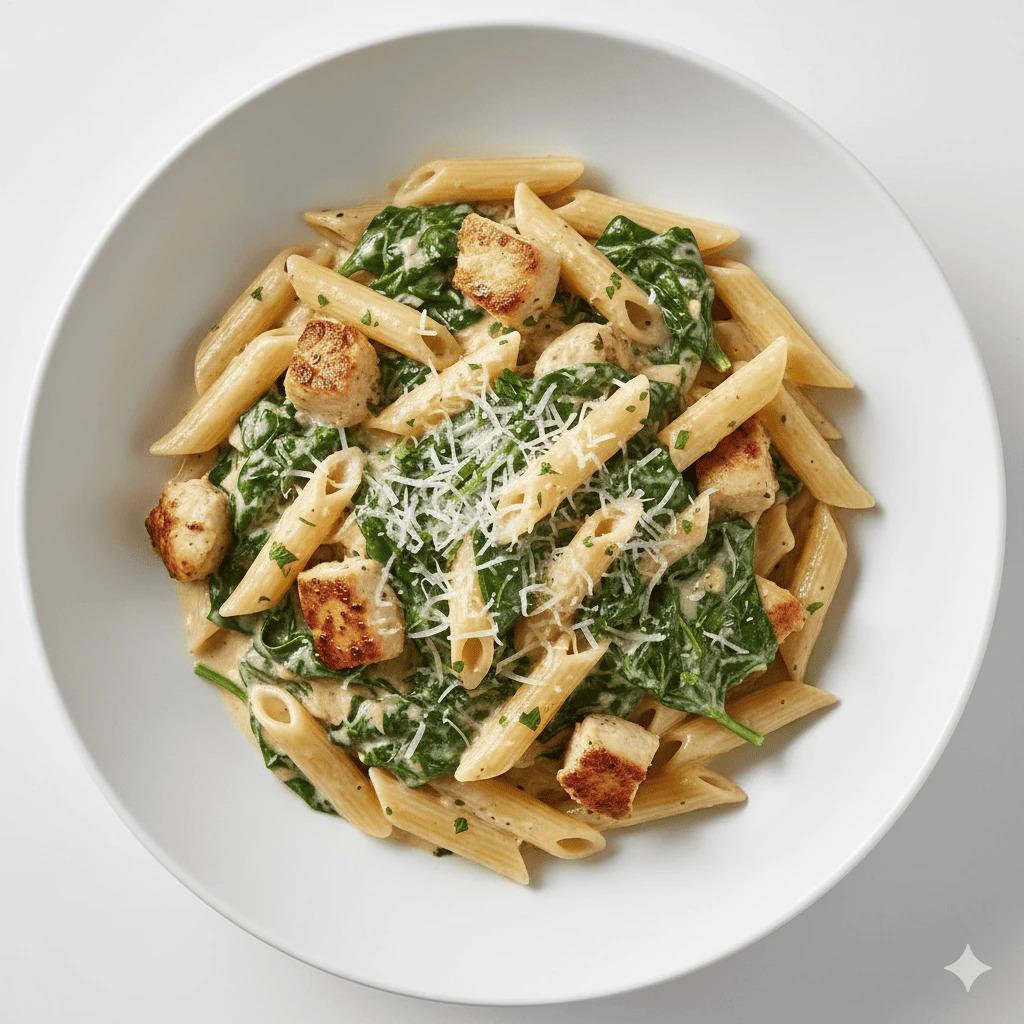 One pot chicken florentine with penne & olive oil drizzle