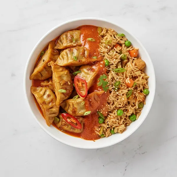 Oriental Veg Dumplings with Chilli Tom Yum Sauce & Tofu Vegetable Fried Rice