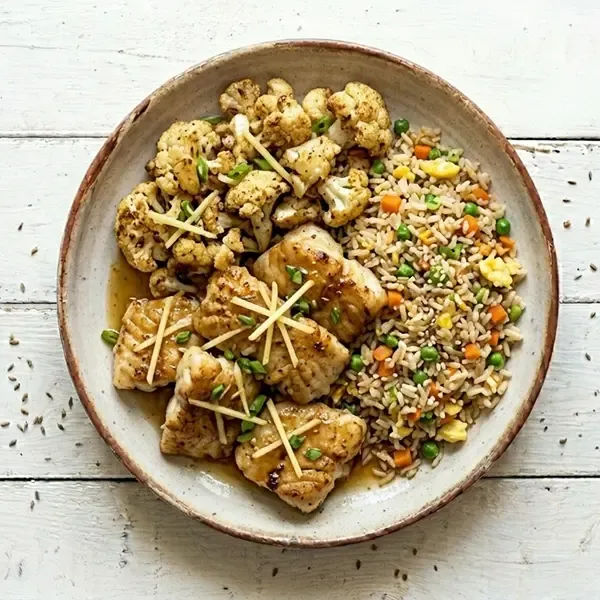 Pan Seared Ginger Fish with Cauliflower Fried Rice